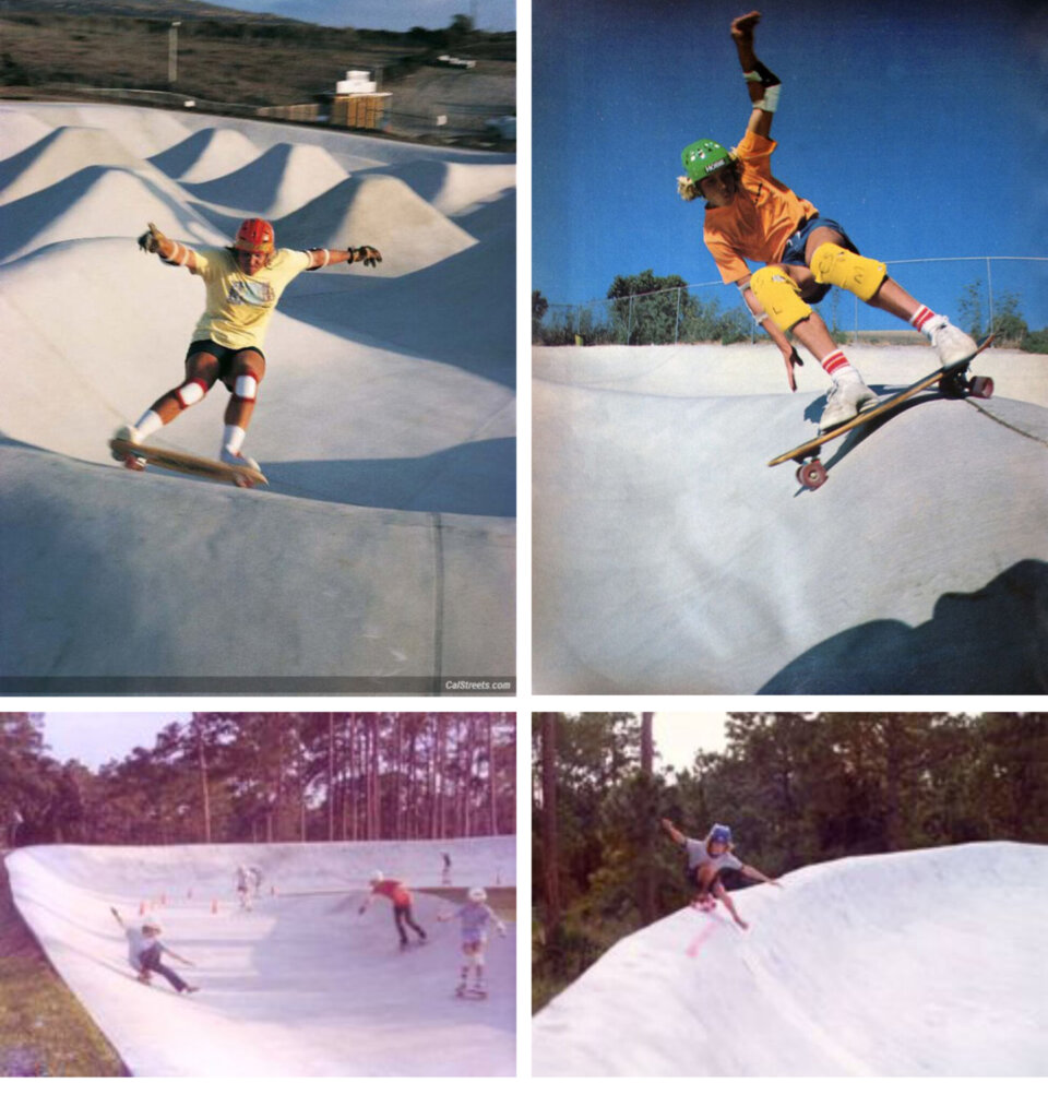 The top two photos are from the Carlsbad Raceway Skatepark, the bottom two are from Skateboard City in Florida. 