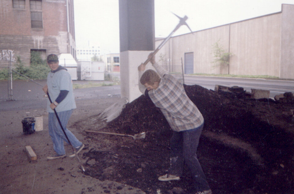 Think about how brazen construction at Burnside was: they just started digging a hole in a parking lot that didn’t belong to them. “Pat the Q-Man breaking ground for the big bowl (1991).”  Photo: Burnsidepics.blogspot.com</span>